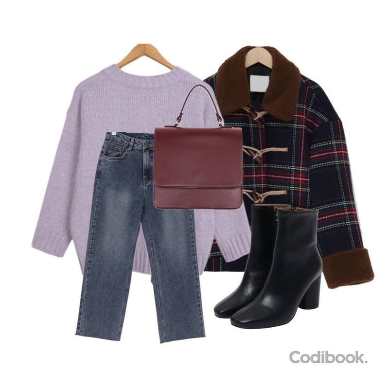 BULLANG GIRL 솜사탕브이넥니트,From Beginning Crop cutting boy denim_S (기모) (size : S,M,L,XL),From Beginning Bear check dumble coat_Y (울 70%) (size : free)등을 매치한 코디