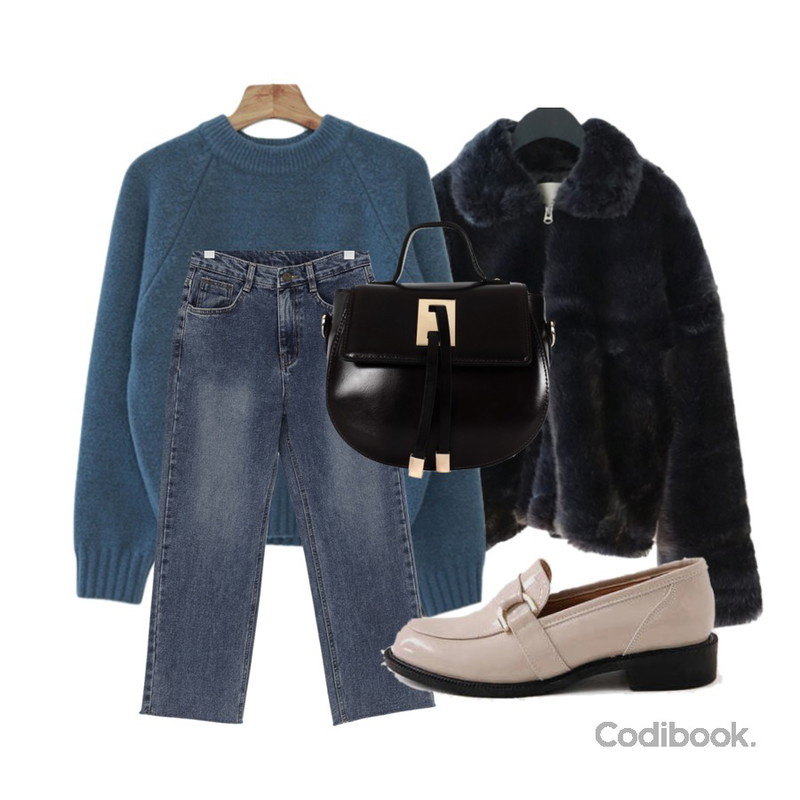 Zemma World 포근 래글런니트,From Beginning Crop cutting boy denim_S (기모) (size : S,M,L,XL),AFTERMONDAY sensual collar fur jacket (3colors)등을 매치한 코디