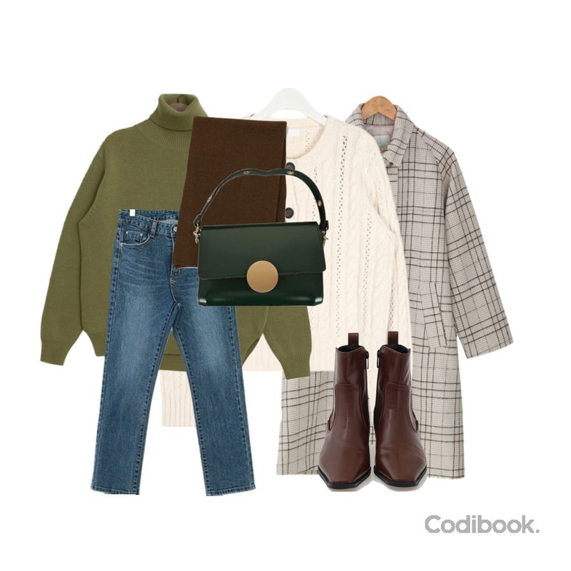 TODAY ME 덴마 폴라 니트,BANHARU check pattern wool coat,AIN baby warm twist cardigan등을 매치한 코디