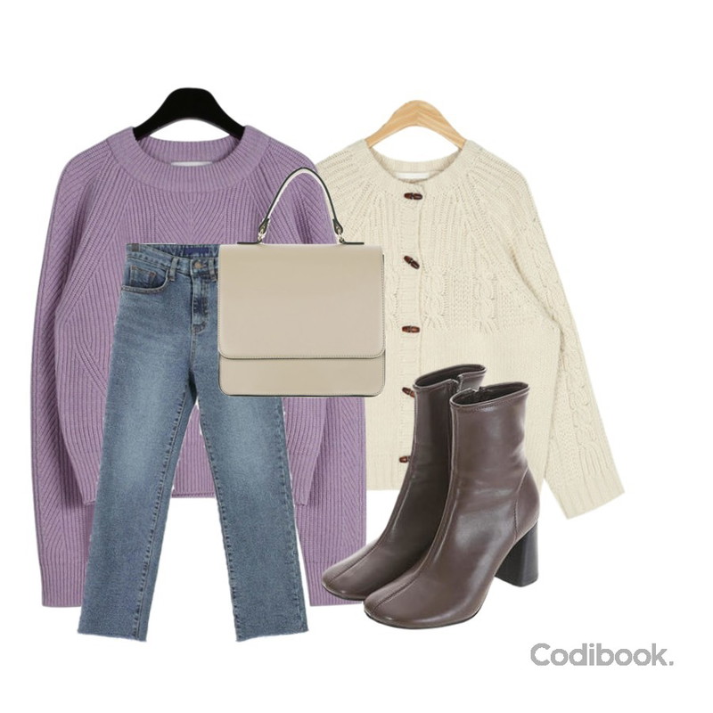 AIN here wool duffle cardigan,daily monday Fisherman plain round knit,ROCOSIX 르미 일자핏 기모데님등을 매치한 코디