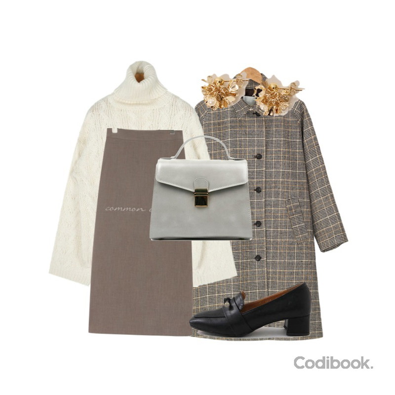 AIN twist thick polar knit,BANHARU check pattern wool coat,common unique ODEN BACK SLIT SPAN LONG SKIRT등을 매치한 코디