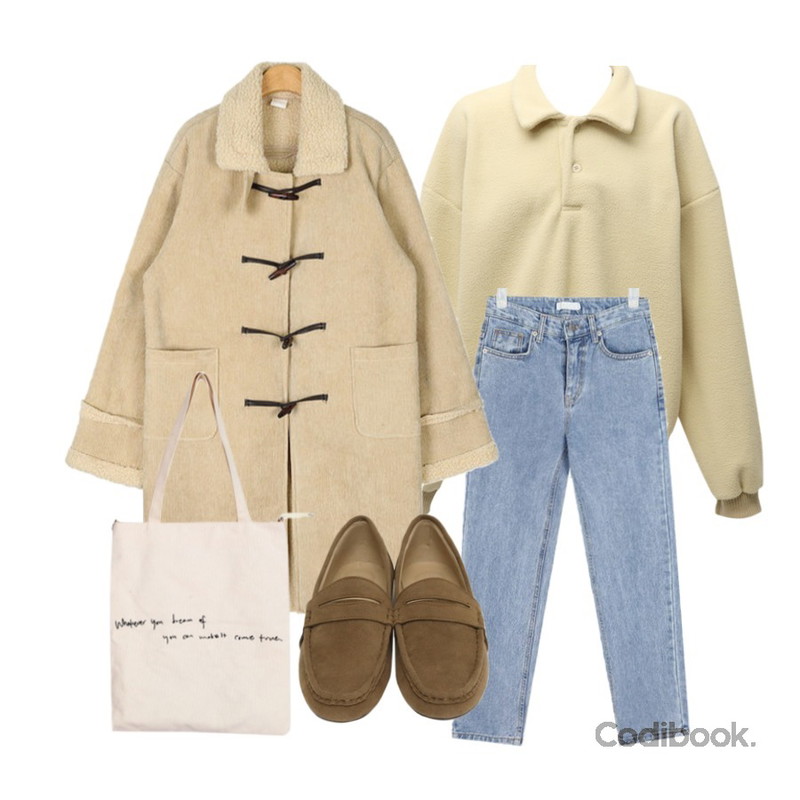 AIN living corduroy duffle coat,AIN bless soft denim pants(s, m),From Beginning Button collar fleece mtm_K (기모) (size : free)등을 매치한 코디