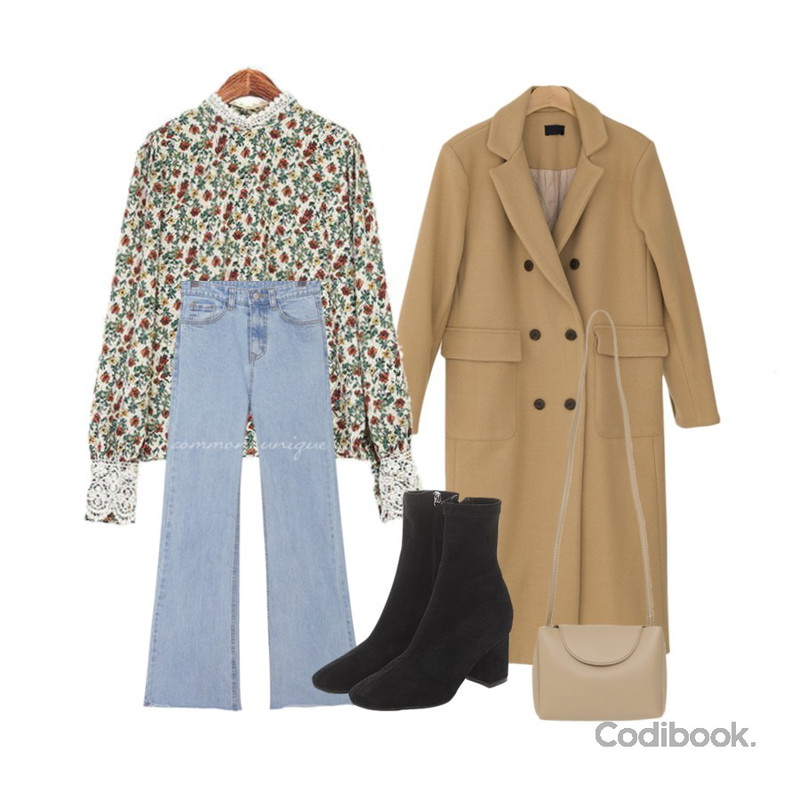 common unique SWELL BOOTS CUT DENIM PANTS,ROCOSIX 노웨이 플라워 블라우스,BANHARU back slit wool coat등을 매치한 코디