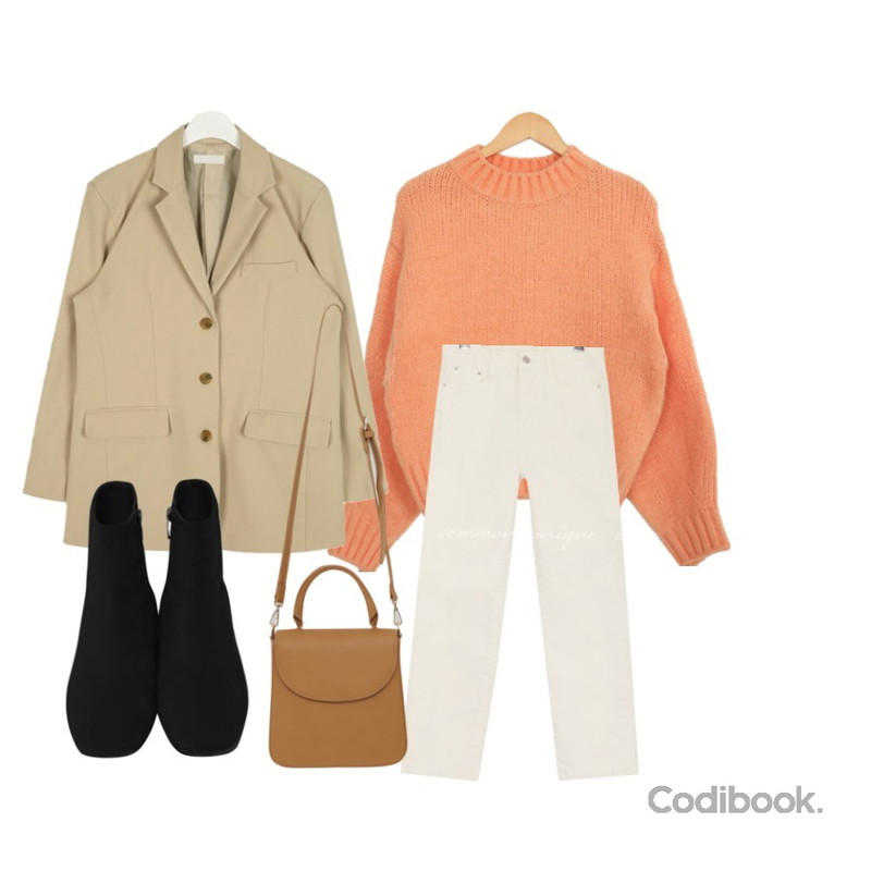 common unique DUTCH STRAIGHT COTTON PANTS,AIN shoulder three botton jaket,AWAB 페라반크롭니트등을 매치한 코디