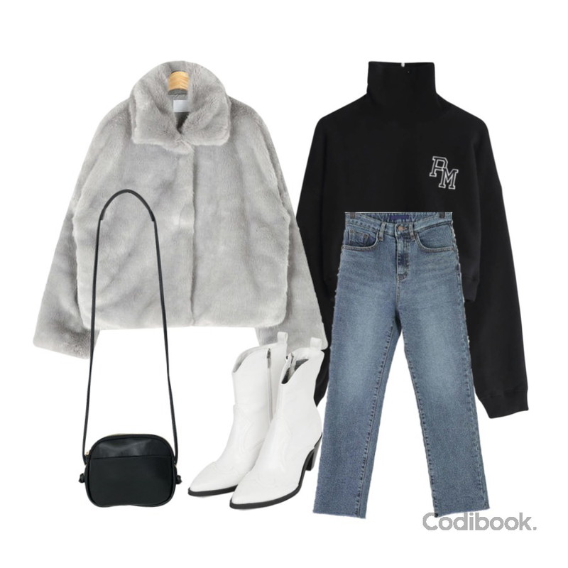 AIN ample round fur jacket,ROCOSIX 르미 일자핏 기모데님,GIRLS RULE PM 패치 크롭 기모 맨투맨 (t5753)등을 매치한 코디