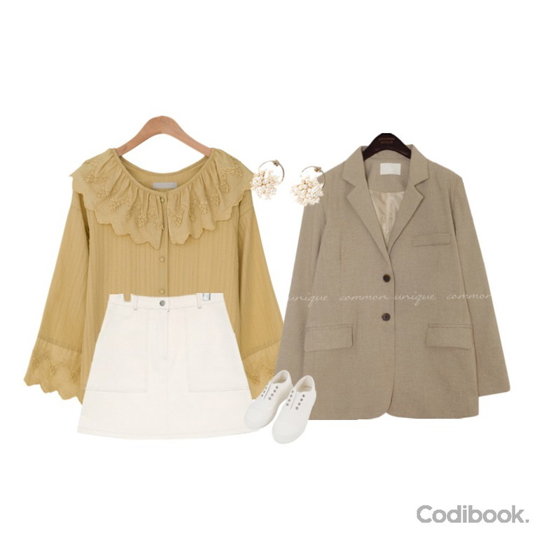 common unique [SKIRT] STITCH SET MINI SKIRTWITH CELEBRITY _ 한지민 착용,common unique BRANDY CHECK BOXY JACKET,BANHARU lovely lace detail blouse등을 매치한 코디