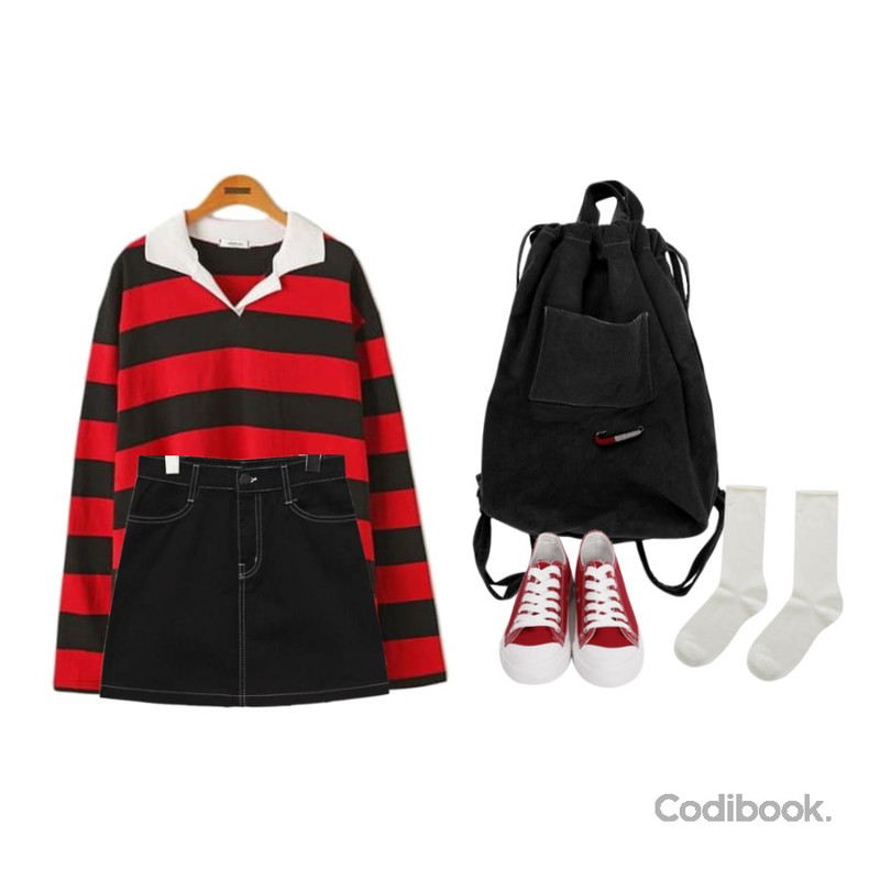 ABLY 쇼핑왕 가방,Reine 더넬 스트라이프 카라 티셔츠,common unique [SKIRT] FAY STITCH MINI SKIRT등을 매치한 코디