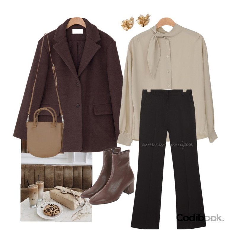 snack,BANHARU loose fit tie blouse,BANHARU stylish over fit wool jacket등을 매치한 코디