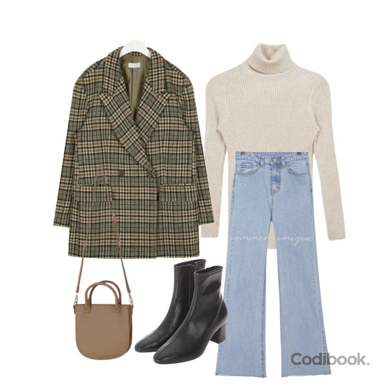 common unique SWELL BOOTS CUT DENIM PANTS,AIN mood check wool coat,MIXXMIX 블레닝 베이직 폴라 니트등을 매치한 코디