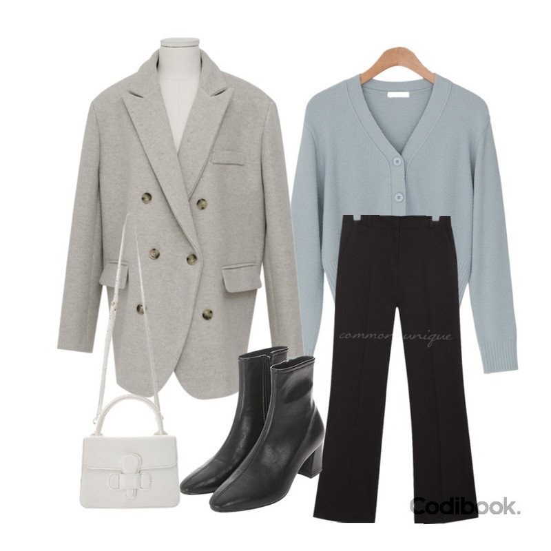 common unique PLENTIFUL SET-UP STRAIGHT SLACKS,BANHARU 5 color v-neck cardigan,From Beginning Crown double wool jacket_K (울 30%) (size : free)등을 매치한 코디