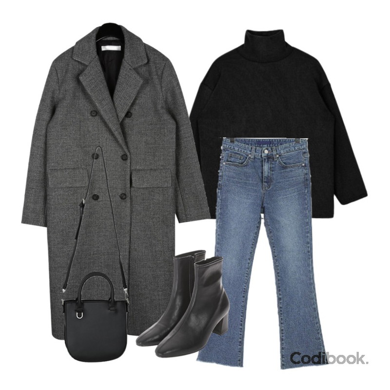 ROCOSIX 포에버 부츠컷 데님,daily monday Classic herringbone long coat,MIXXMIX 클리넥 시스템 폴라 니트등을 매치한 코디