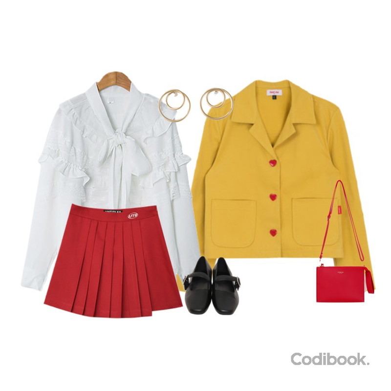 MIXXMIX Unbal Tennis Skirt Pants,MIXXMIX Heart Tailored Cotton Jacket,ENVYLOOK 블랑드블라우스등을 매치한 코디