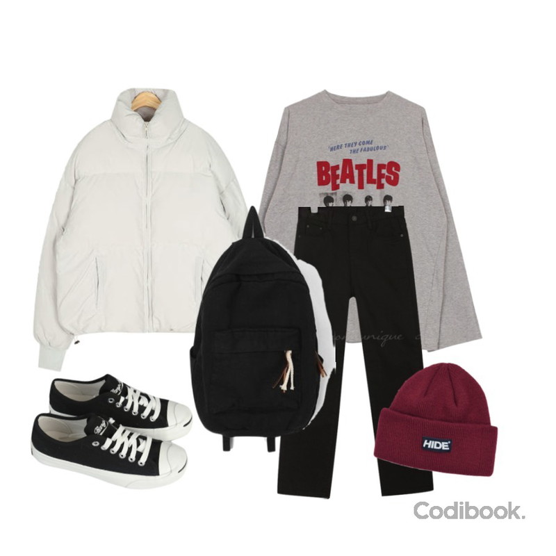 AIN cover highneck duckdown padding,common unique DUTCH STRAIGHT COTTON PANTS,biznshoe Beatles printing tee (2colors)등을 매치한 코디