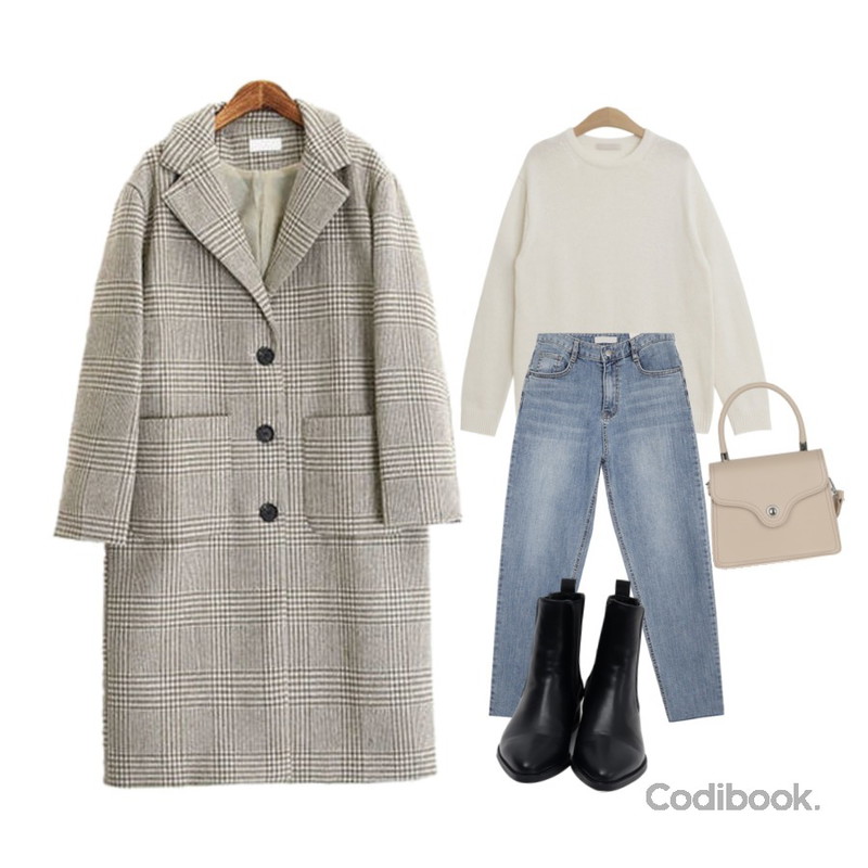 ROCOSIX 스탠 체크 코트,somedayif settle stitch tote cross bag (4colors),TODAY ME 디션 니트등을 매치한 코디