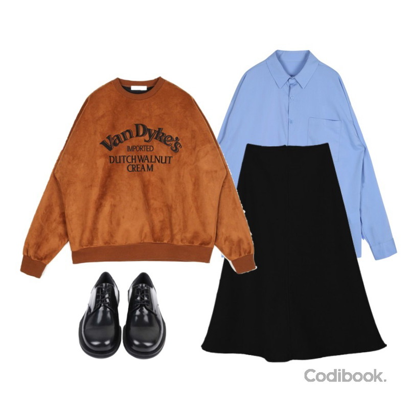 openthedoor Van Dyke's suede cushion MTM (2 color) - UNISEX,openthedoor uncle over shirts (5 color) - UNISEX,MIXXMIX Dani Wool Long Skirt등을 매치한 코디
