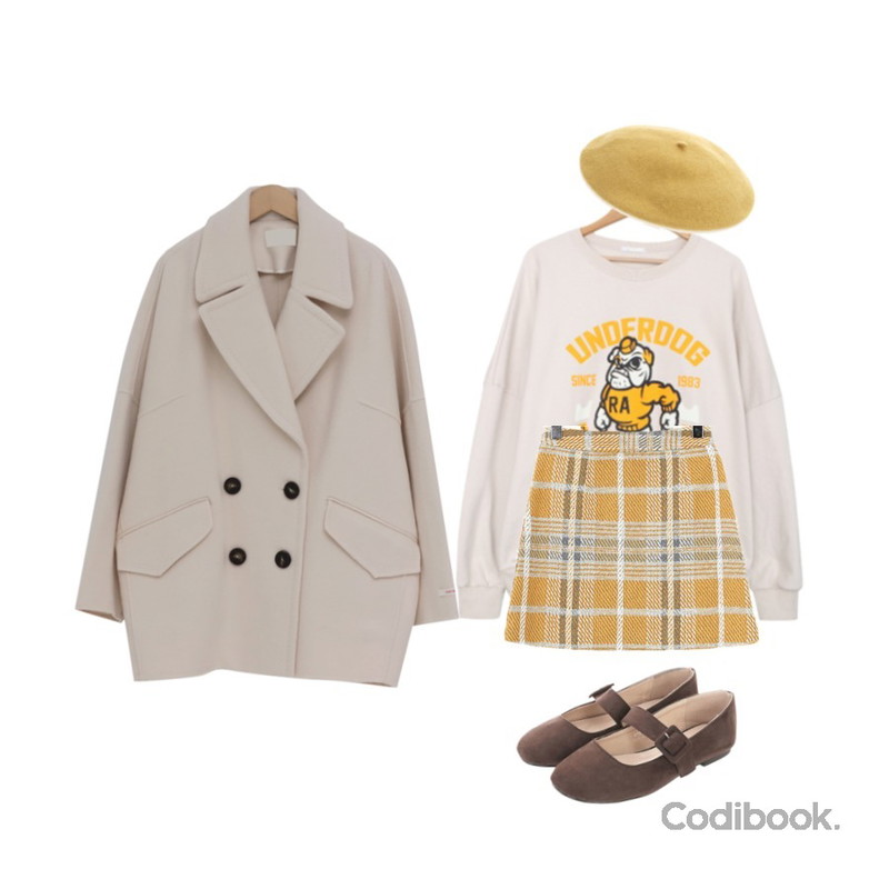 ROCOSIX 로브 체크 스커트,From Beginning Half stitch handmade coat_M (울 90%) (size : free),BULLANG GIRL 언더도그MTM등을 매치한 코디
