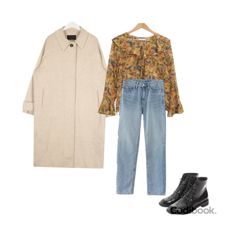 AIN lounge single handmade coat (wool90%),BULLANG GIRL 로망스프릴BL,AFTERMONDAY easy outfit washing denim (2colors)등을 매치한 코디
