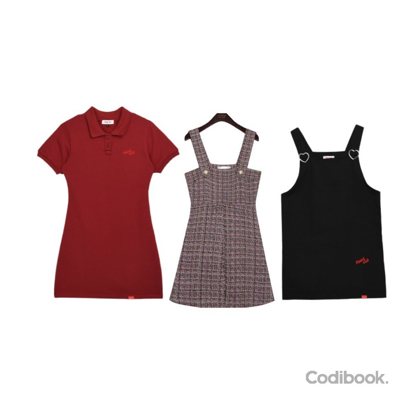 MIXXMIX Heart Collar Logo Point Dress,MIXXMIX Heart Buckle Overall,common unique MUCH PEARL TWEED OVERALL MINI OPS등을 매치한 코디
