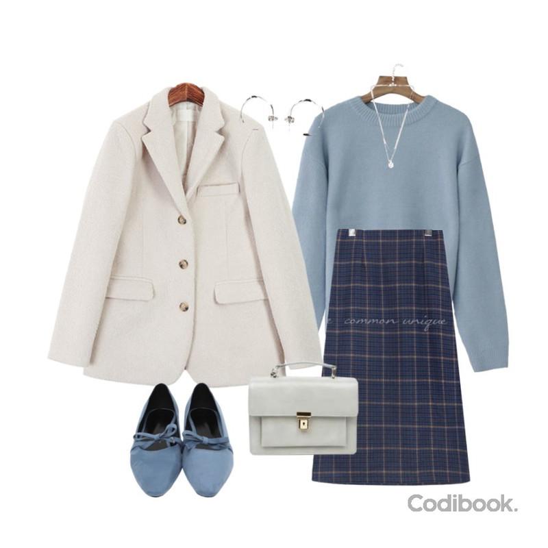 common unique [SKIRT] FLAH WOOL HOUND CHECK MIDI SKIRT,Zemma World Topping-포근보들니트,ROCOSIX 블레닝 데일리 자켓등을 매치한 코디