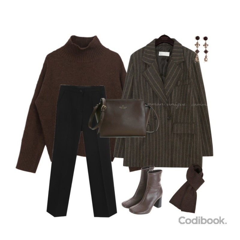 AWAB (예쁘진)마티니와이드롱슬랙스,common unique COMMA WOOL STRIPE DOUBLE JACKET,MIXXMIX Wool Loose Knit Top등을 매치한 코디