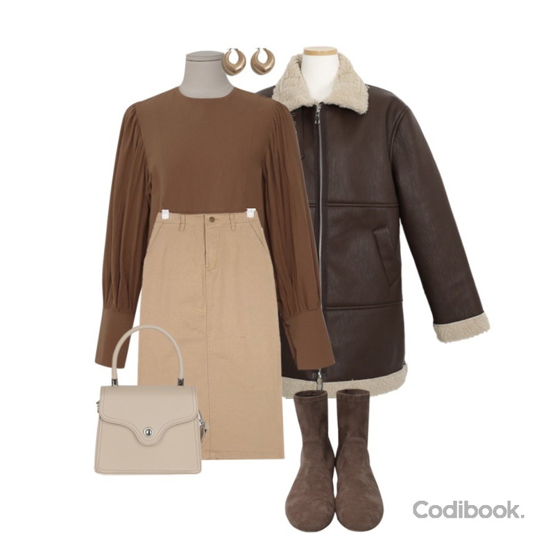 AWAB 코네무스탕,From Beginning Lucy balloon cotton blouse_Y (size : free),AIN easy cotton midi skirts (s, m)등을 매치한 코디