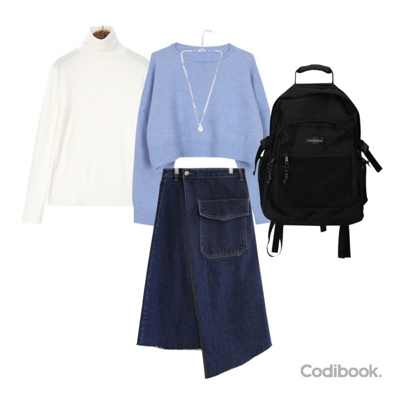 biznshoe Wool crop knit (2colors),ROCOSIX 케임 폴라 티셔츠,ROCOSIX 더블원 실버 목걸이등을 매치한 코디