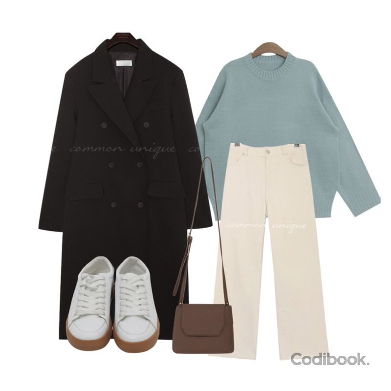 common unique RAVE BANDING COTTON PANTS,common unique [OUTER] RONDA UNIQUE DOUBLE LONG COAT,TODAY ME 빌리 니트등을 매치한 코디