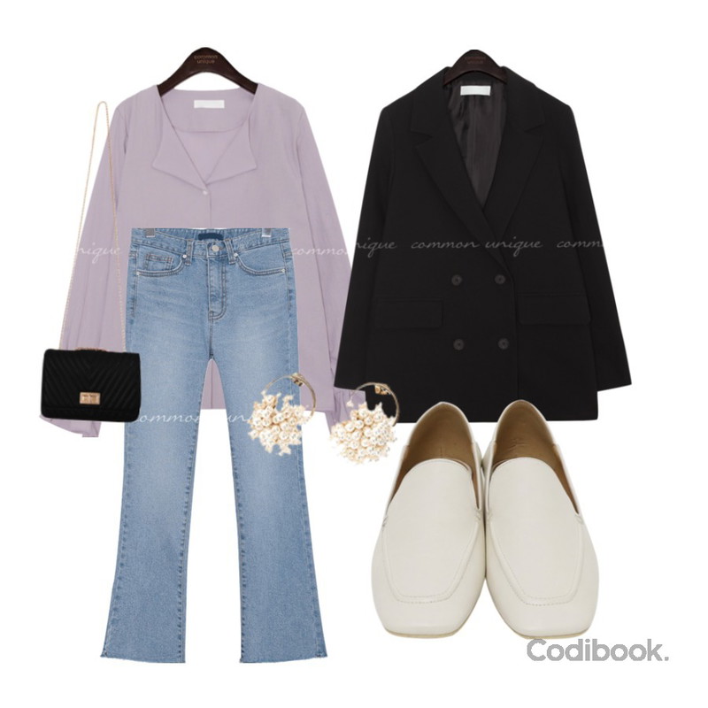 common unique [BOTTOM] LABES SLIM BOOTS DENIM PANTS,common unique MOMS MANNISH DOUBLE JACKET,common unique SLOP WRINKLE COLLAR BLOUSE등을 매치한 코디