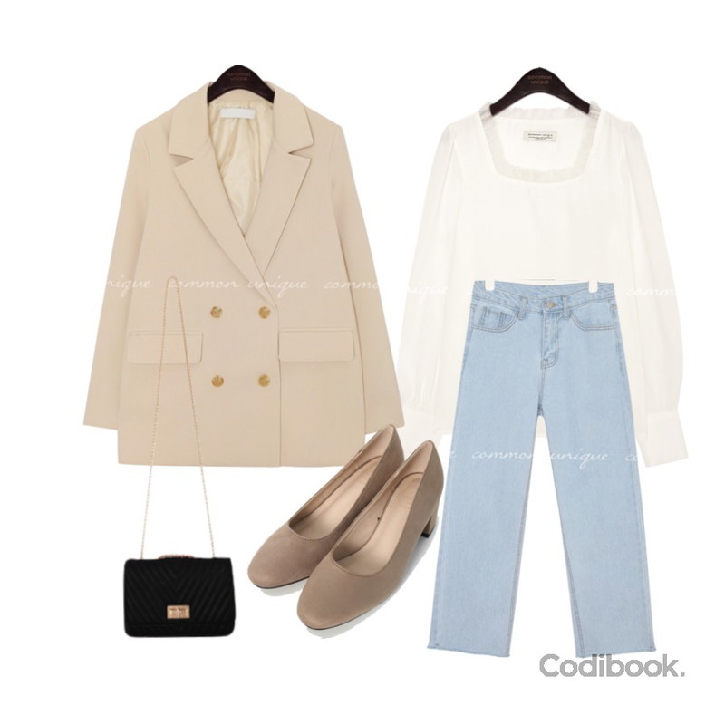 common unique MOMS MANNISH DOUBLE JACKET,common unique REMOND SQUARE LACE CUFFS BLOUSE,common unique CORING CUTTING WIDE DENIM PANTS등을 매치한 코디