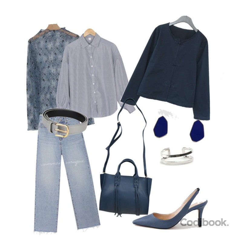 BANHARU volume sleeve loose shirts,somedayif flower lace mesh blouse (3colors),common unique CASTLE SEMI BAGGY DENIM PANTS등을 매치한 코디