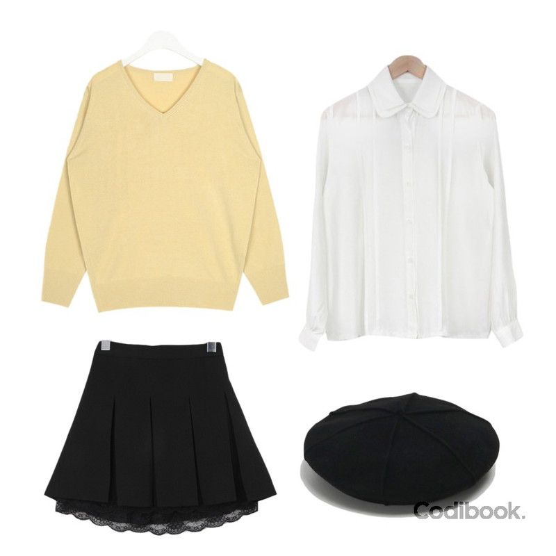 BULLANG GIRL 레이스썸띵SK,acomma 코즈 이중카라 - bl,AIN cash pastel v-neck knit등을 매치한 코디