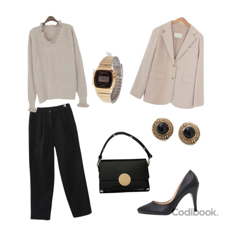 binary01 브이넥 살롱 프릴니트,LOVELY SHOES 스탠드 자켓,AFTERMONDAY provence cotton pants (3colors)등을 매치한 코디