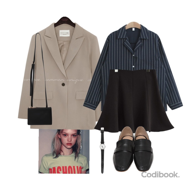 gemma,TODAY ME 커넷 스트라이프 셔츠 ,common unique PLENTIFUL SET-UP SINGLE JACKET등을 매치한 코디