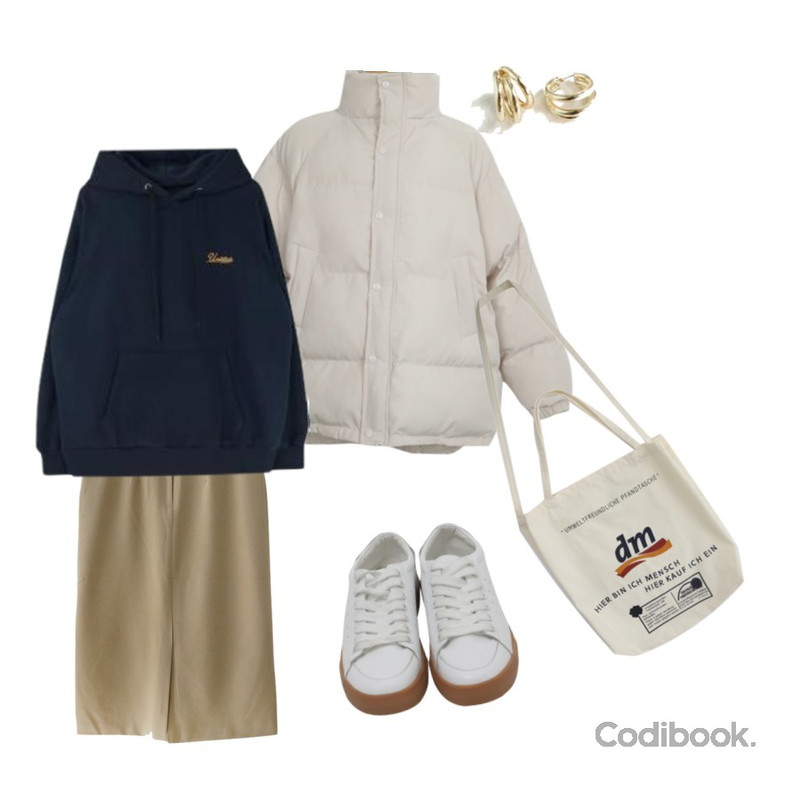 MIXXMIX Simple Lettering Hoodie (기모),AWAB 밀크티웰론패딩,AFTERMONDAY modern H-line skirt (2colors)등을 매치한 코디