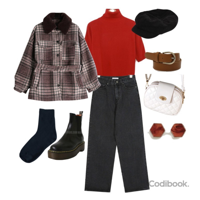 ENVYLOOK 폴라하프니트탑,GIRLS RULE 미쉬 팝 컬러 숏 코트 (jk797),AIN leggy denim pants (s, m)등을 매치한 코디