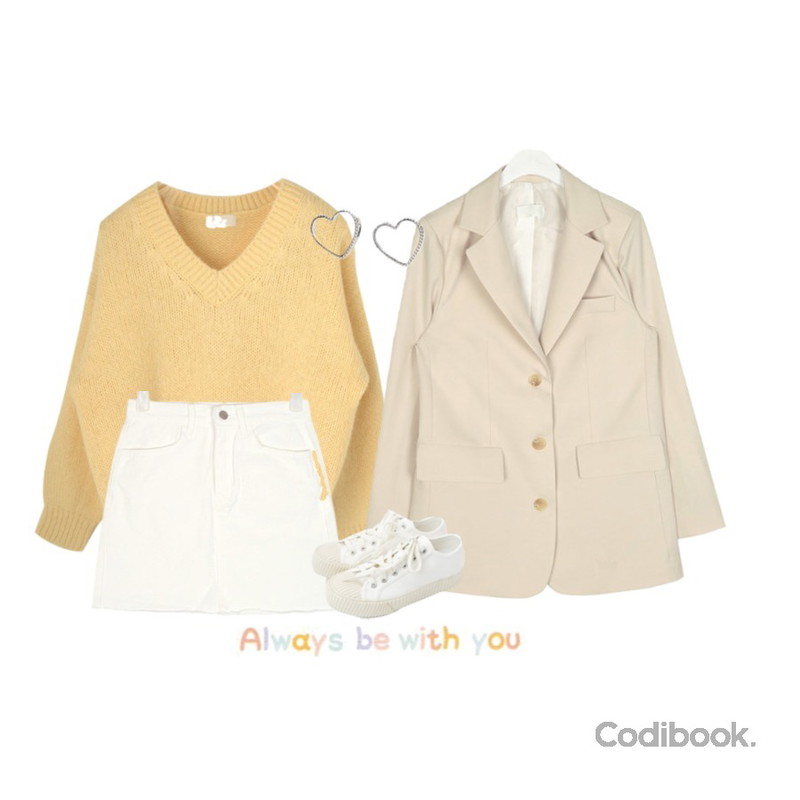 Reine 제이니 알파카 브이넥 니트,AIN change basis jacket,AIN ladyish cotton mini skirt (s, m, l)등을 매치한 코디