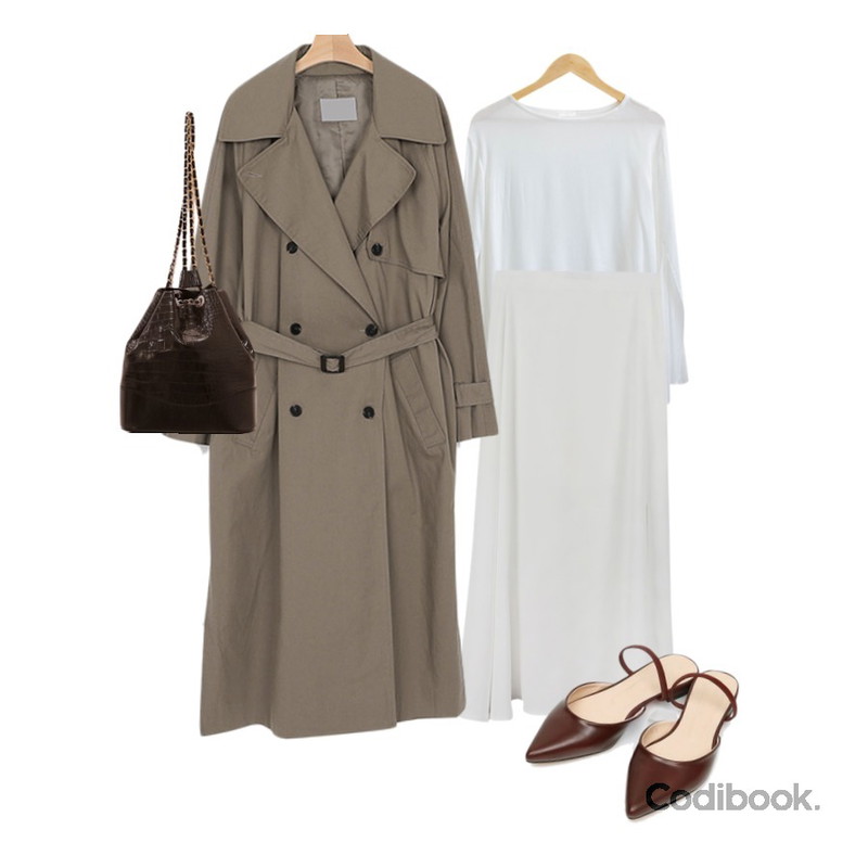 daily monday Daily summer long skirts,somedayif [당일출고]chance double trench coat (3colors),MASHYELLOW 옐리나 슬리브 트임 블라우스 (3colors)등을 매치한 코디
