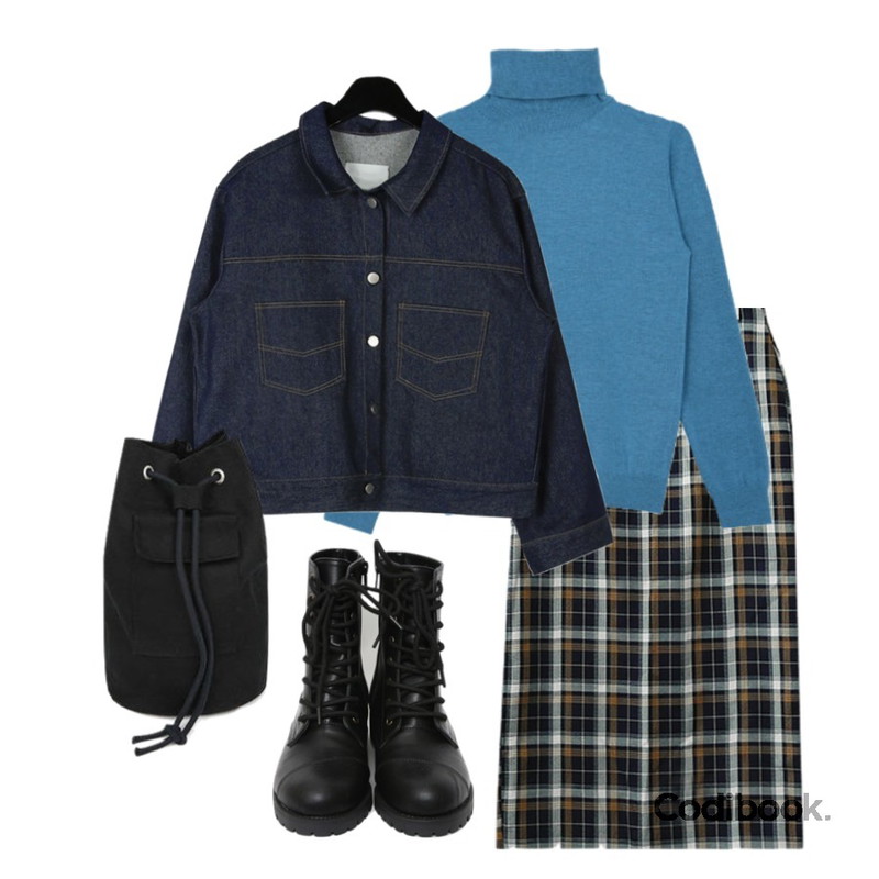 Zemma World 누네띠네체크 롱스커트,daily monday Boxy raw denim jacket,MIXXMIX Skin High-neck Knit Top등을 매치한 코디