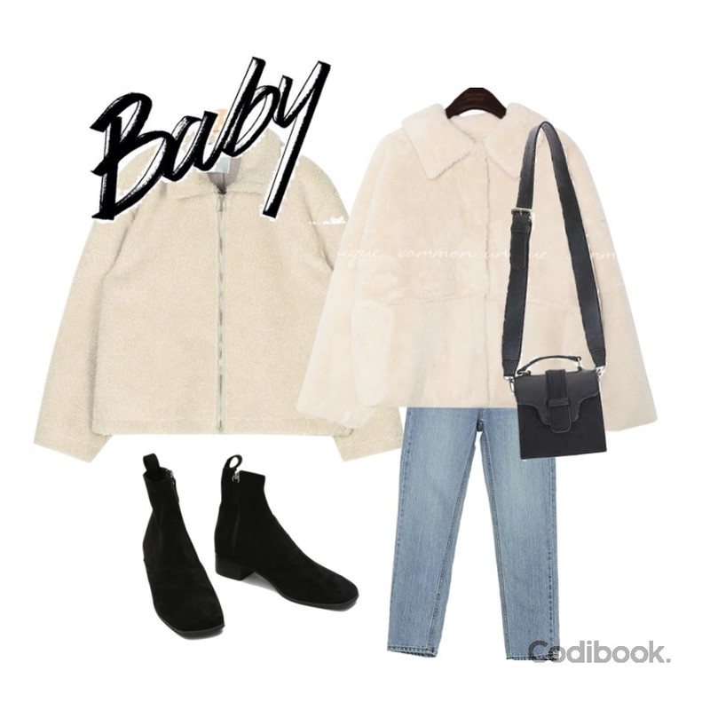 ROCOSIX 유즈 데님 팬츠,AIN turning zipper mustang,daily monday Square toe suede ankle boots등을 매치한 코디