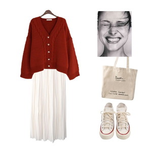 cardigan,데일리,캠퍼스룩,레드,가디건,롱스커트,봄코디,캐쥬얼,스니커즈,컨버스하이,에코백,개강룩 코디