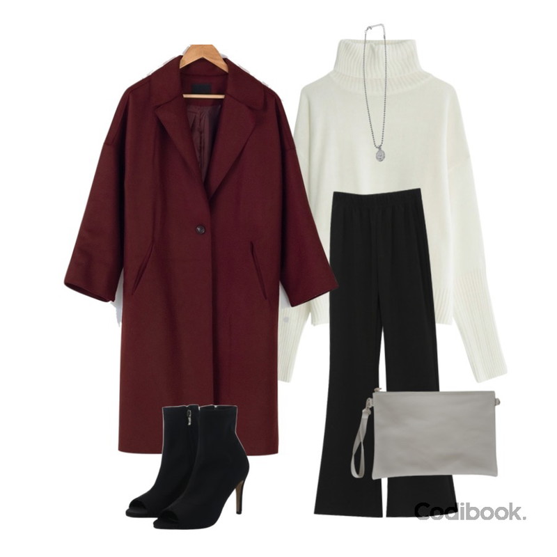 BANHARU 3 color over fit long coat,GIRLS RULE 로망 비비드 터틀넥 니트 (kn678),AWAB 차차부츠컷팬츠등을 매치한 코디