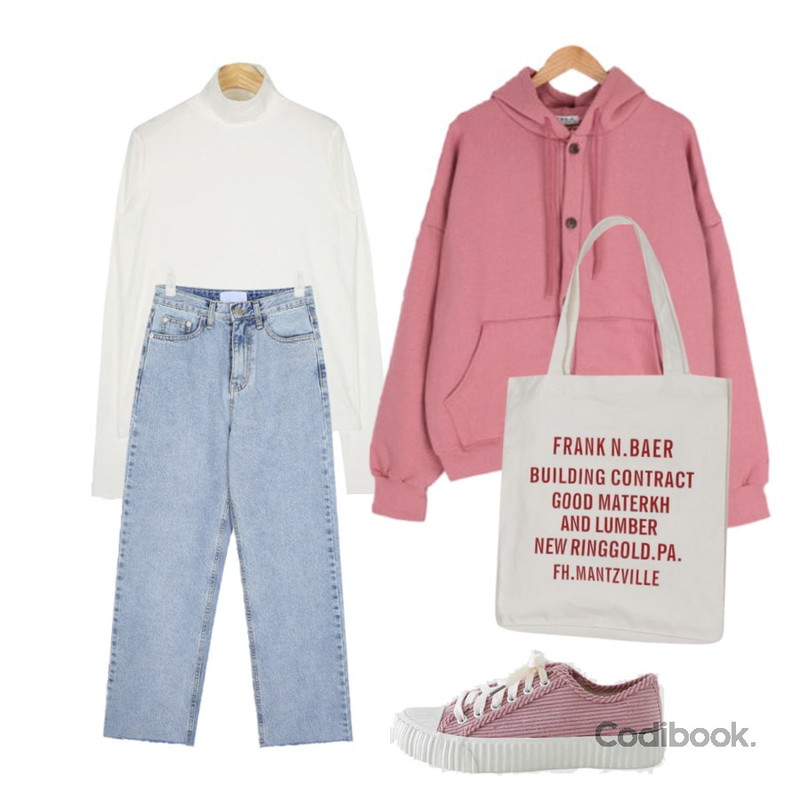 AIN merci warmer polar T,AIN alley lightblue denim pants (s, m),BULLANG GIRL 귀욤뿜뿜후드가디건등을 매치한 코디