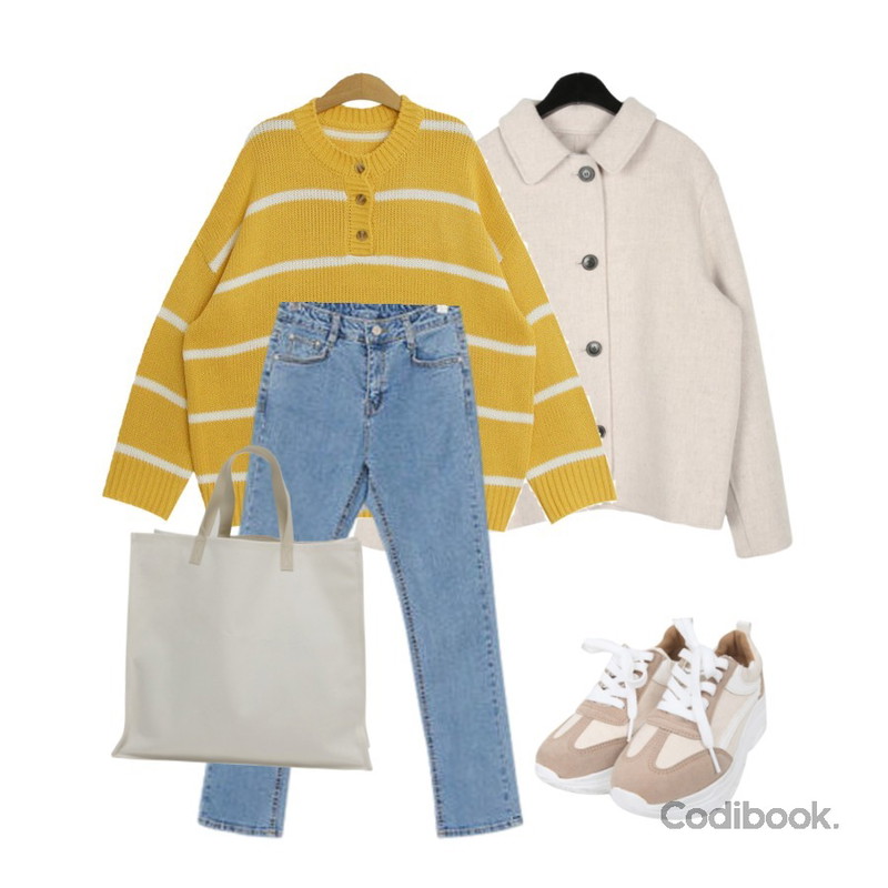 daily monday Handmade mini short jacket,TODAY ME 데이어 니트,LOVELY SHOES 리펜즈 일자 데님 팬츠등을 매치한 코디