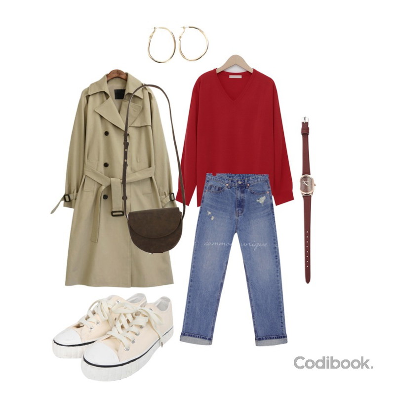 common unique [OUTER] CLASSIC CHIC TRENCH COAT,Zemma World MA-halfmoon (bag),From Beginning Mamang v-neck knit_K (size : free)등을 매치한 코디