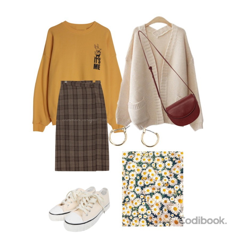 ENVYLOOK 브론즈가디건,common unique AMONG WOOL CHECK WRAP LONG SKIRT,GIRLS RULE 마우스보이 맨투맨 (t5915)등을 매치한 코디