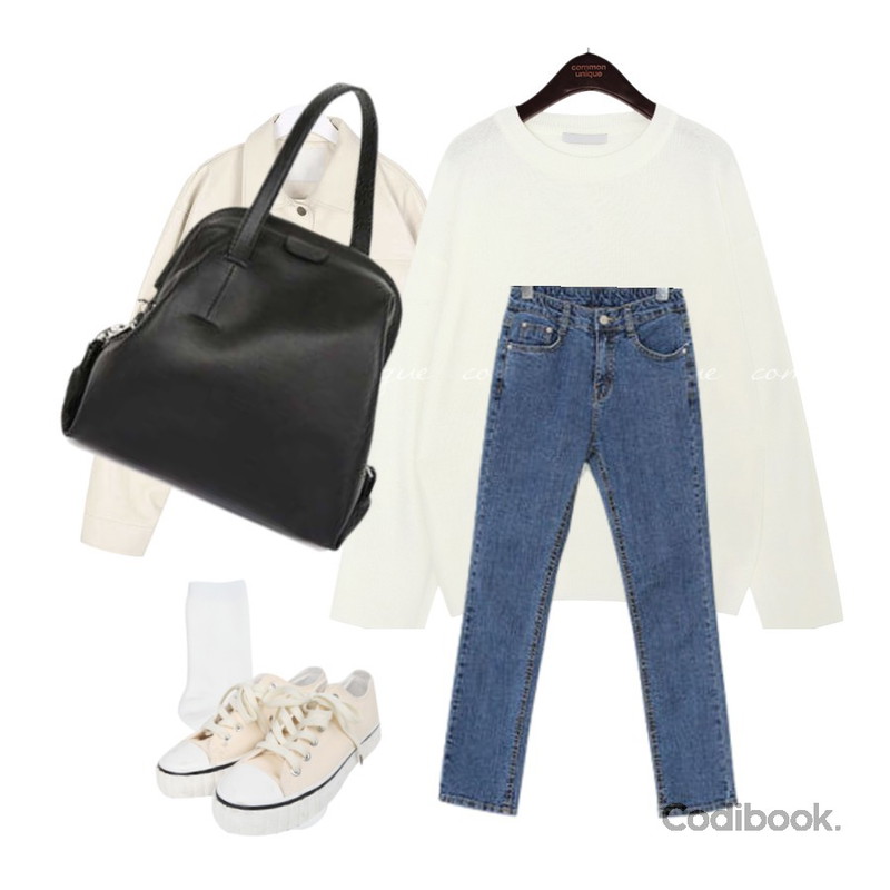 BULLANG GIRL 파스텔데일리양말,common unique 7 COLOR NATURAL ROUND NECK KNIT,AIN new yorker leather jacket등을 매치한 코디