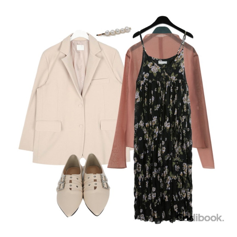 daily monday Floral crease slip one-piece,AFTERMONDAY feminine see-through blouse (3colors),AIN elin over fit standard jacket등을 매치한 코디