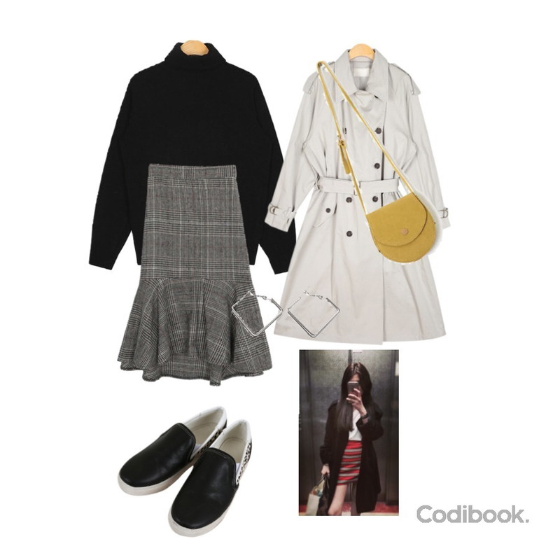 1,AWAB 어썸체크메이드스커트,AIN natural shape wool polar knit등을 매치한 코디