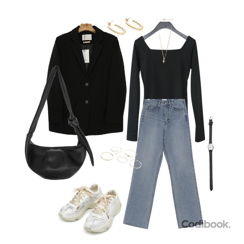From Beginning Connect semi wide denim_S (size : S,M),AFTERMONDAY square neck tension top (5colors),Zemma World [얼리버드오더 3일간15%할인]MMMM/ 사이드벤트 싱글자켓 (블랙)등을 매치한 코디