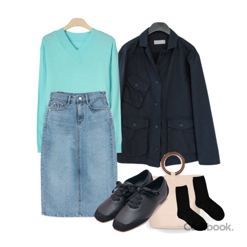 NEW NEED NOW 로시 데님 스커트,AFTERMONDAY pocket cute cotton jacket (3colors),GIRLS RULE 솔리드 감성 V넥 니트 (kn692)등을 매치한 코디
